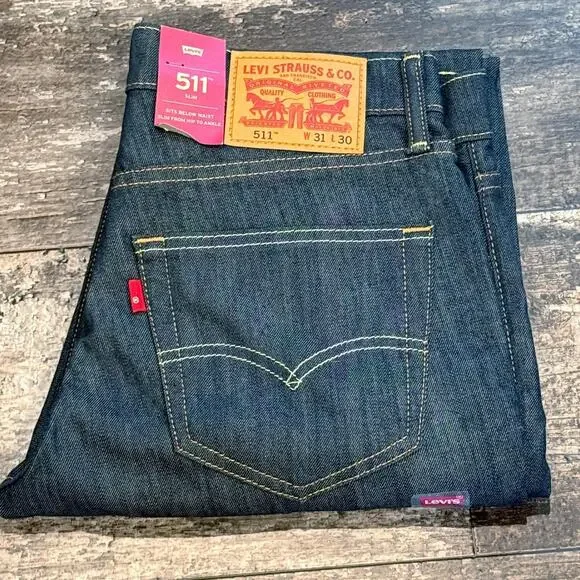 Levis 511 Jeans Mens 31x30 Blue Denim Slim Fit Stretch 2-Way Comfort Mid Rise - Picture 1 of 11